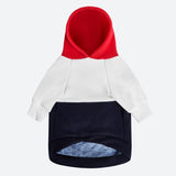 Sudadera con capucha para perro roja, blanca y azul marino