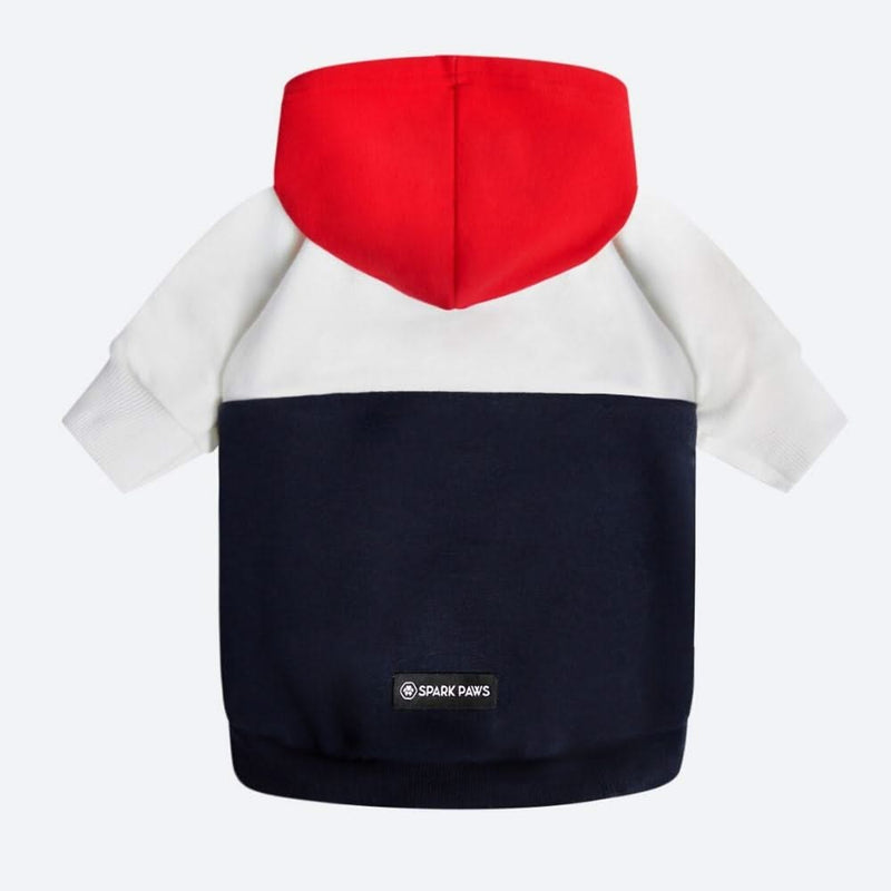 Sudadera con capucha para perro roja, blanca y azul marino